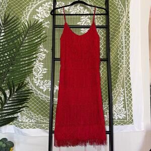 💃 VINTAGE 90s CHERRY RED FRINGE FLAPPER MINI 💃